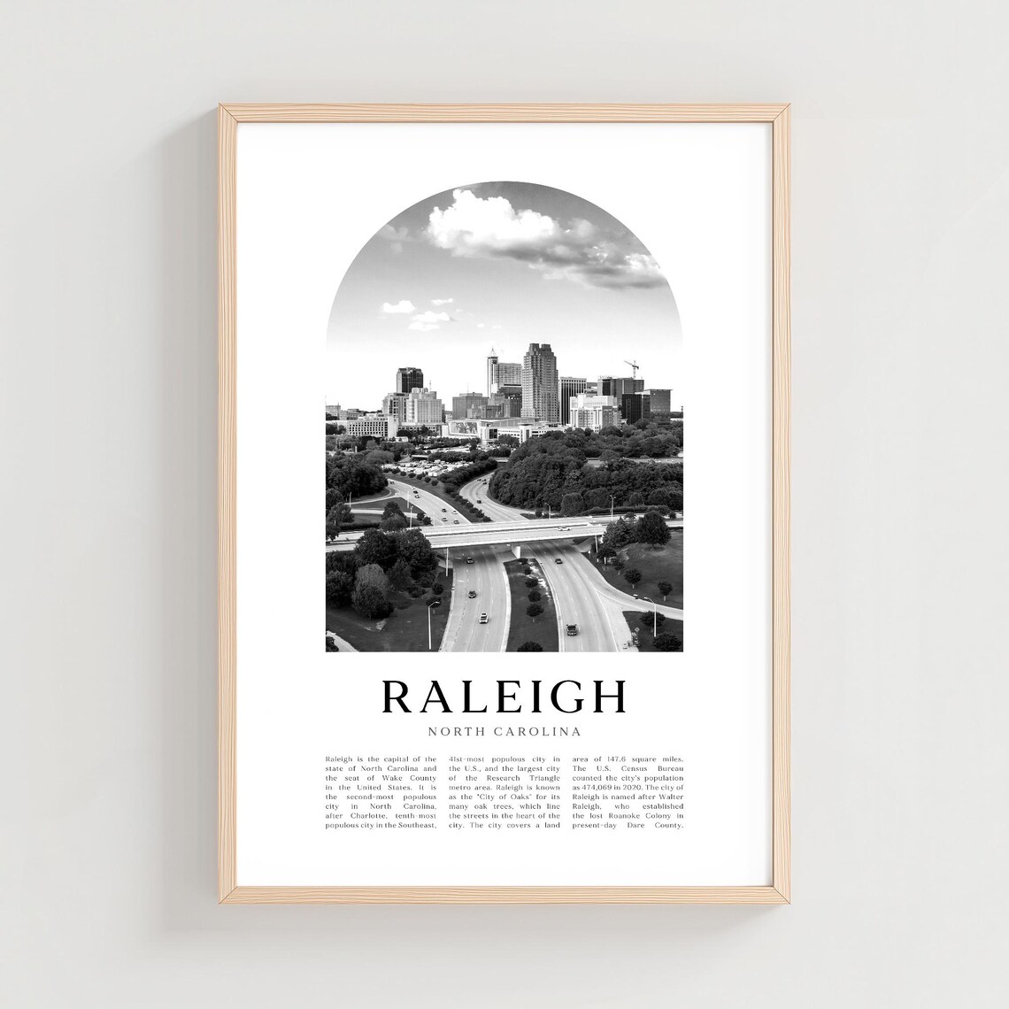 Raleigh North Carolina Downtown Skyline Aerial Black and White Poster