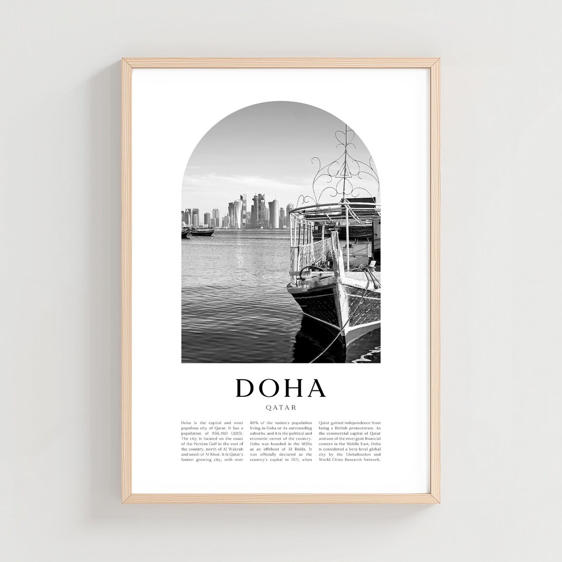 Doha Qatar Dhow Boats Harbor Skyline Black And White Photo Poster