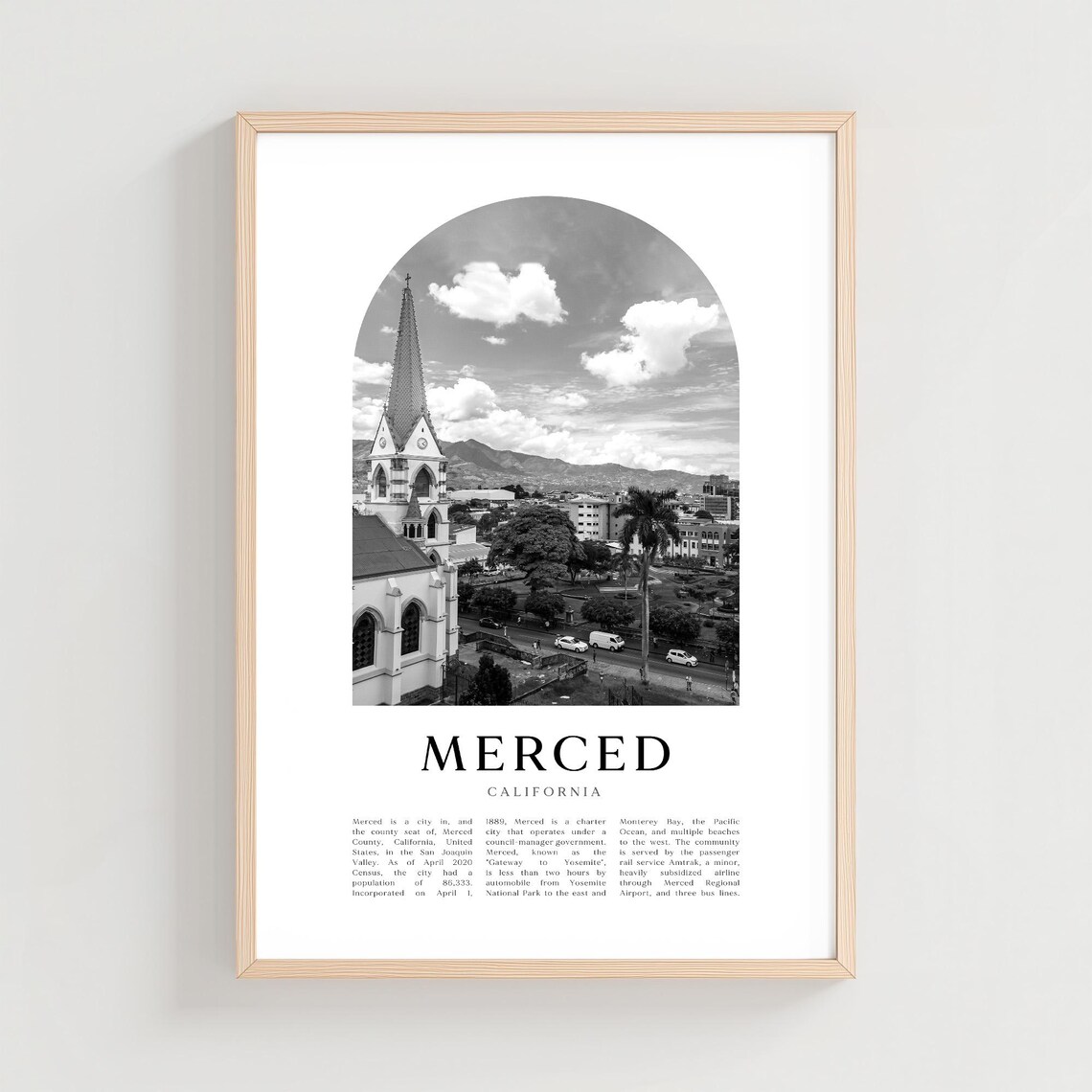 Merced California Church Steeple City Street Black White Travel Poster