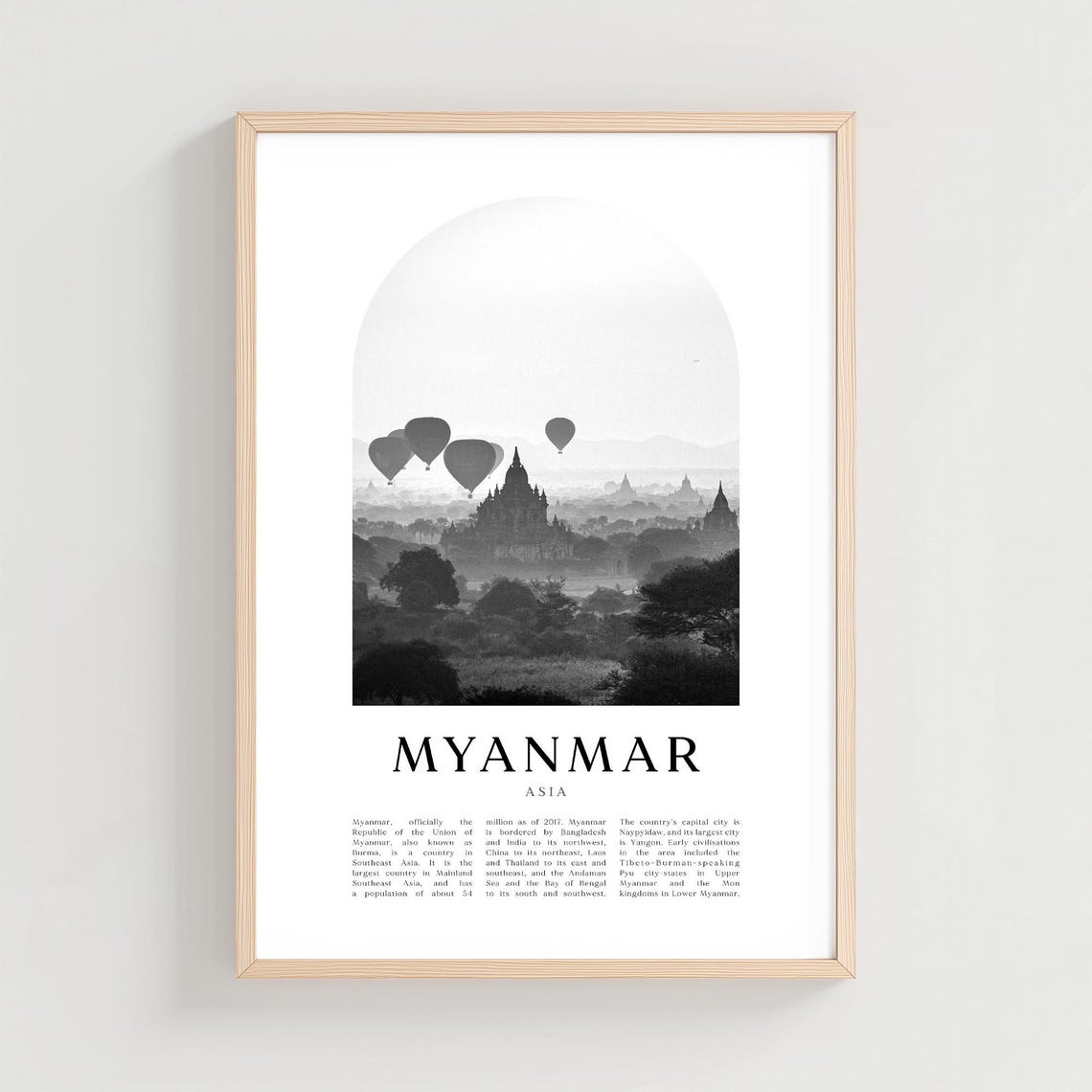 Myanmar Bagan Temples Poster Black White Hot Air Balloons Photo Art