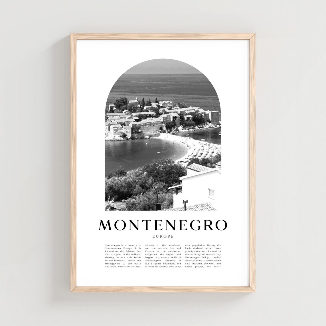 Montenegro Europe Scenic Coastal Town Bay Black White Photo Poster