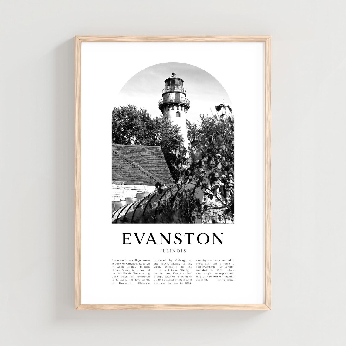Evanston Illinois Lighthouse Black White Arch Photo Travel Poster