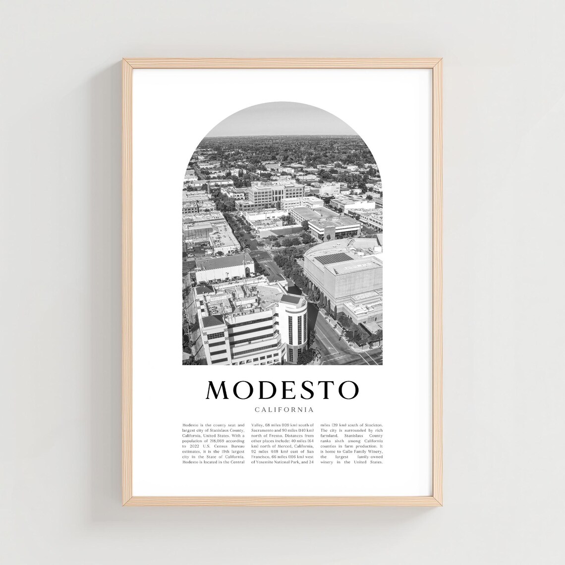 Modesto California Aerial Black and White Photo Arch City Poster