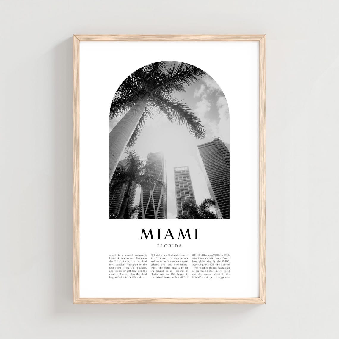 Miami Florida Black and White Palm Skyline Minimalist Poster