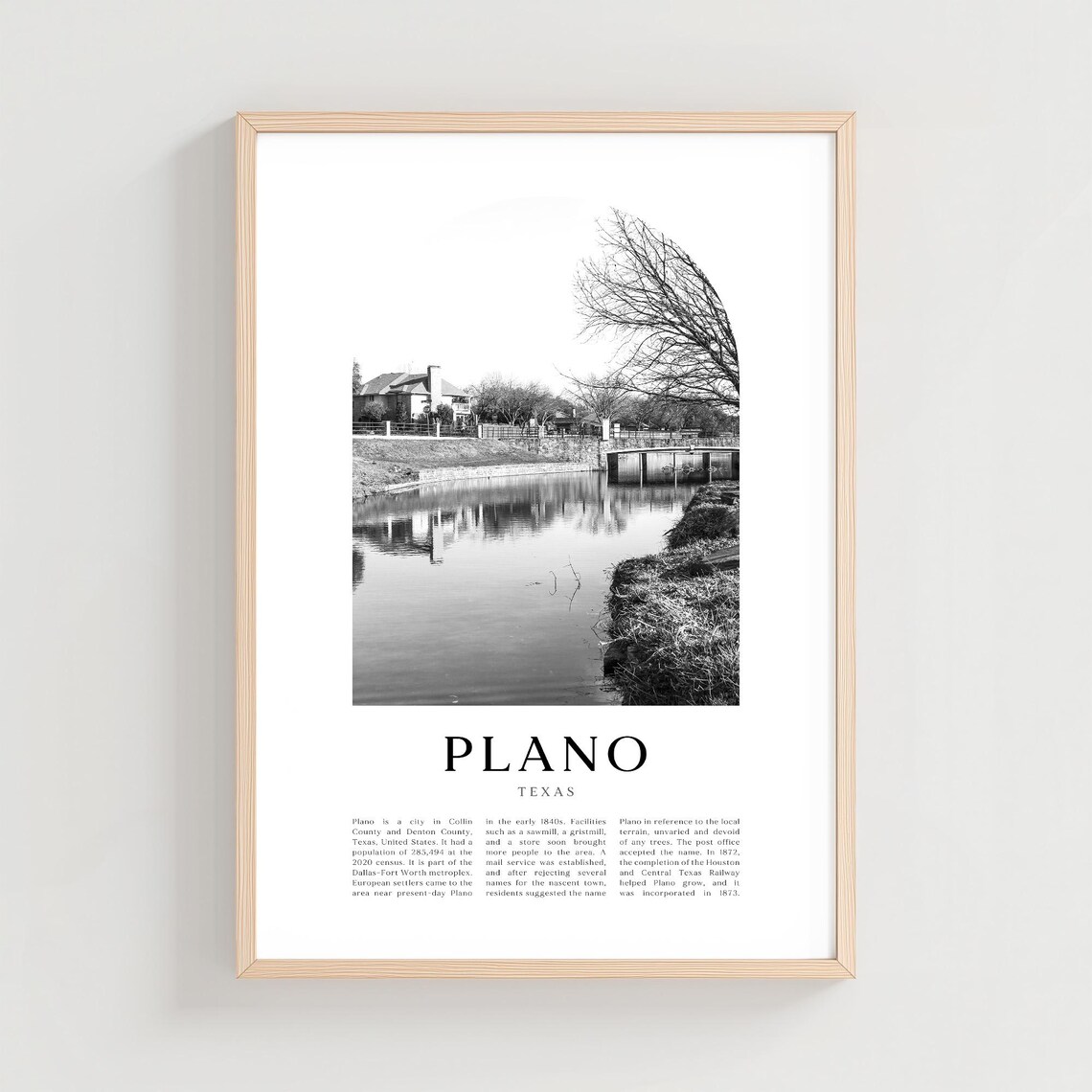 Plano Texas Minimalist Black and White Lakeside City Photo Print