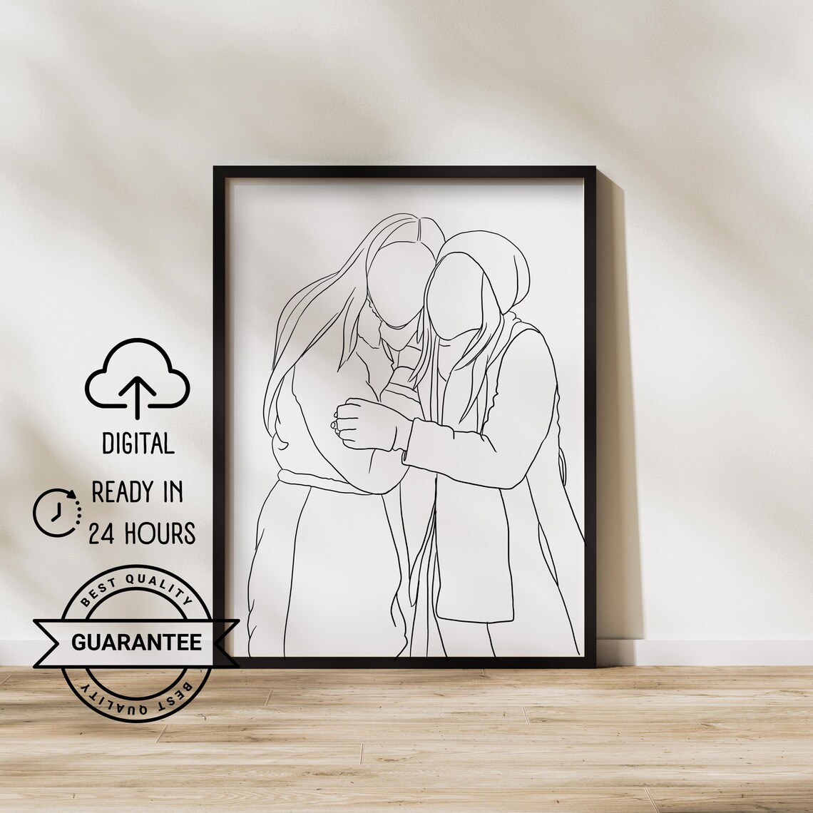 Custom Personalized Faceless Best Friends Hug Line Drawing Poster