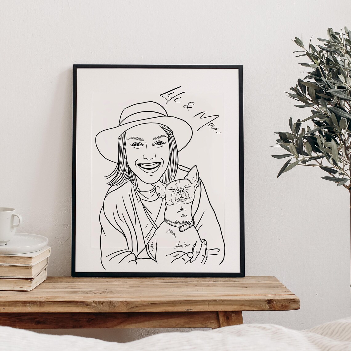 Custom Family Pet Portrait, Couple Line Drawing