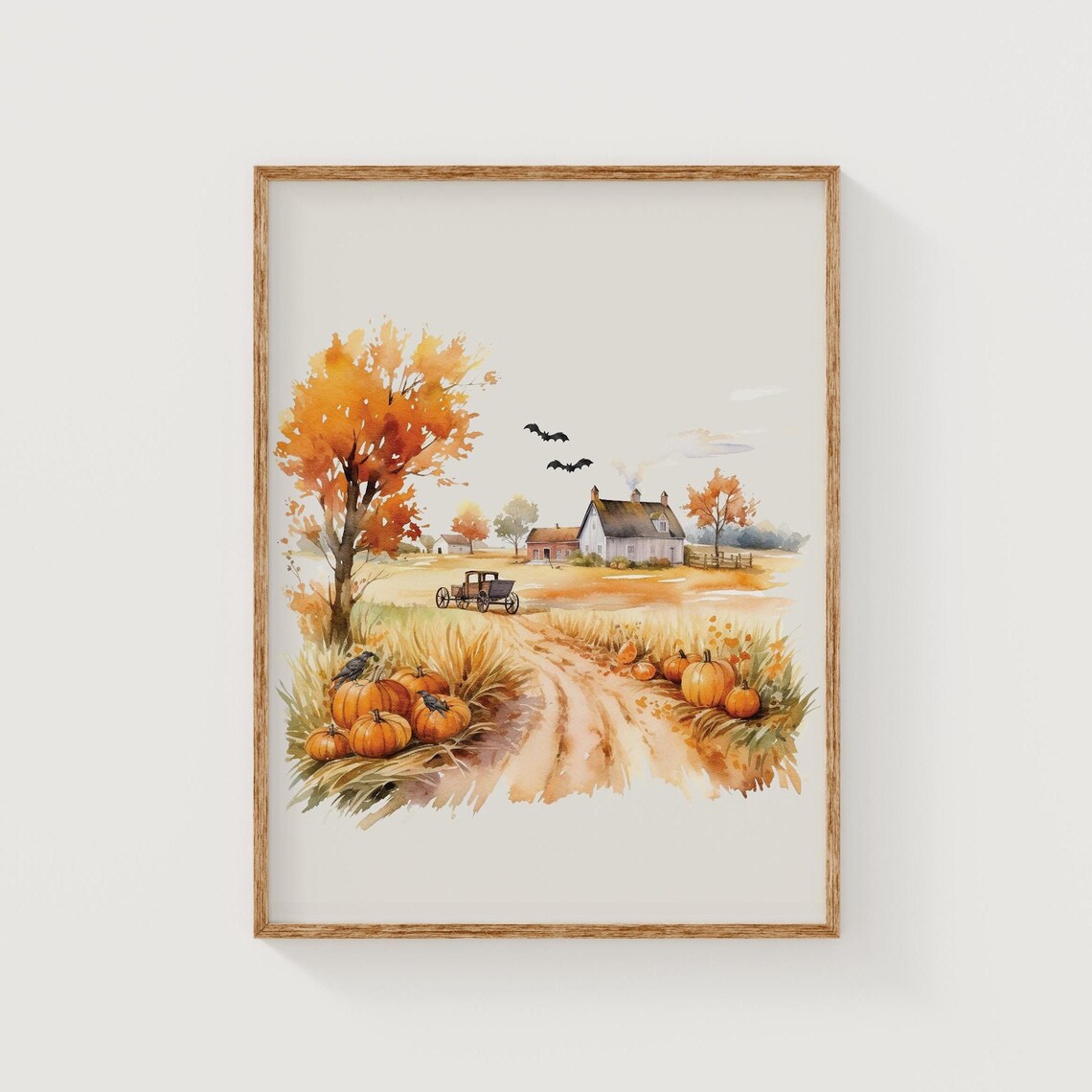 Harvest Farmhouse Pumpkins Bats Crows Autumn Landscape Art Poster