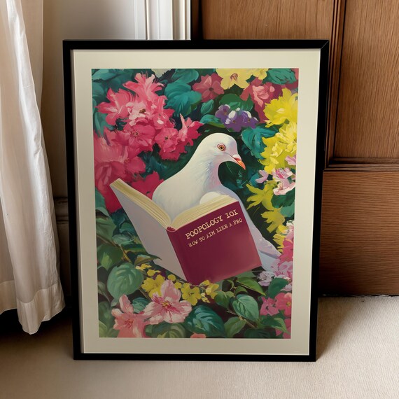 Funny Pigeon Reading Poopology 101 Floral Bathroom Humor Poster