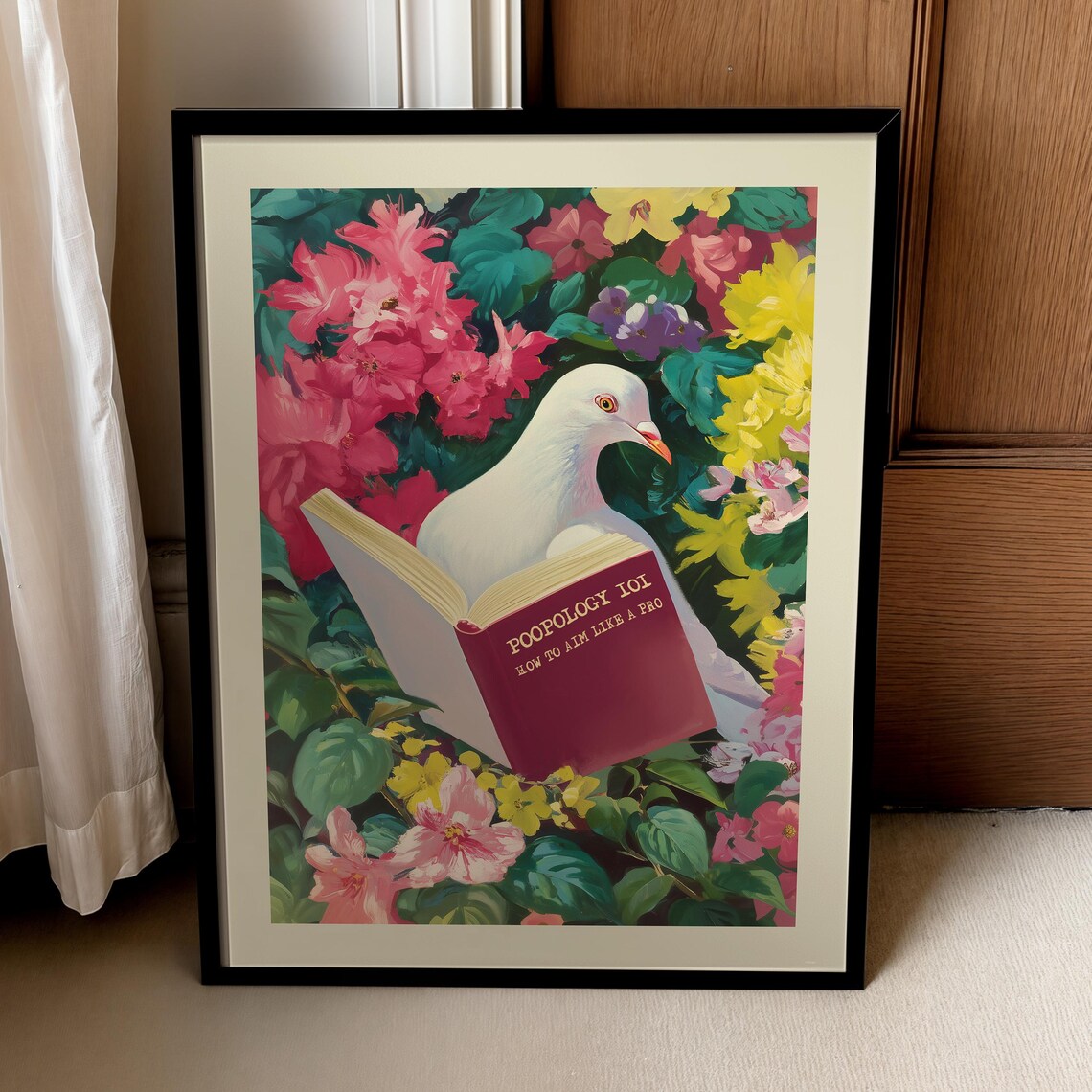Funny Pigeon Reading Poopology 101 Floral Bathroom Humor Poster