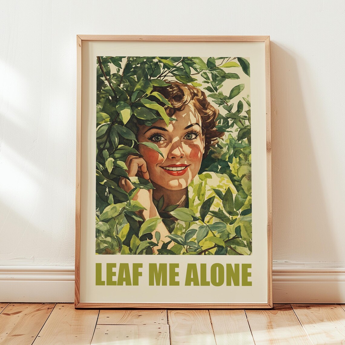 Leaf Me Alone Retro Woman Leaves Funny Plant Lover Greenhouse Poster