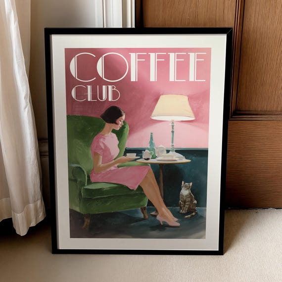 Coffee Bar Art Cozy Cafe Lady With Cat Poster Soft Pink Decor Digital Download