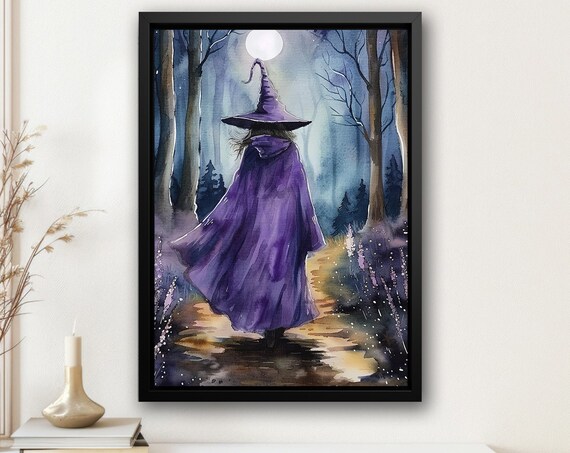 Witch In Purple Cloak Walking Moonlit Forest Path Watercolor Poster