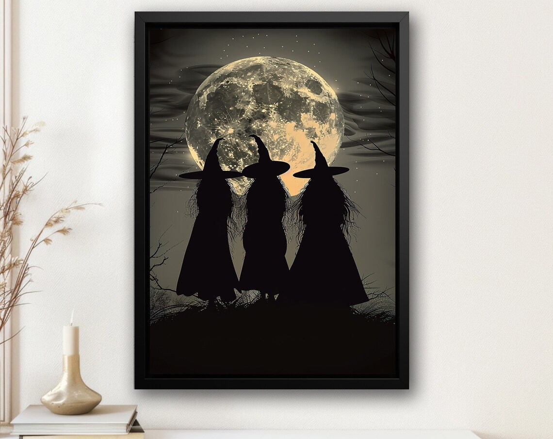 Three Witches Silhouette Under Full Moon Haunted Night Art Poster