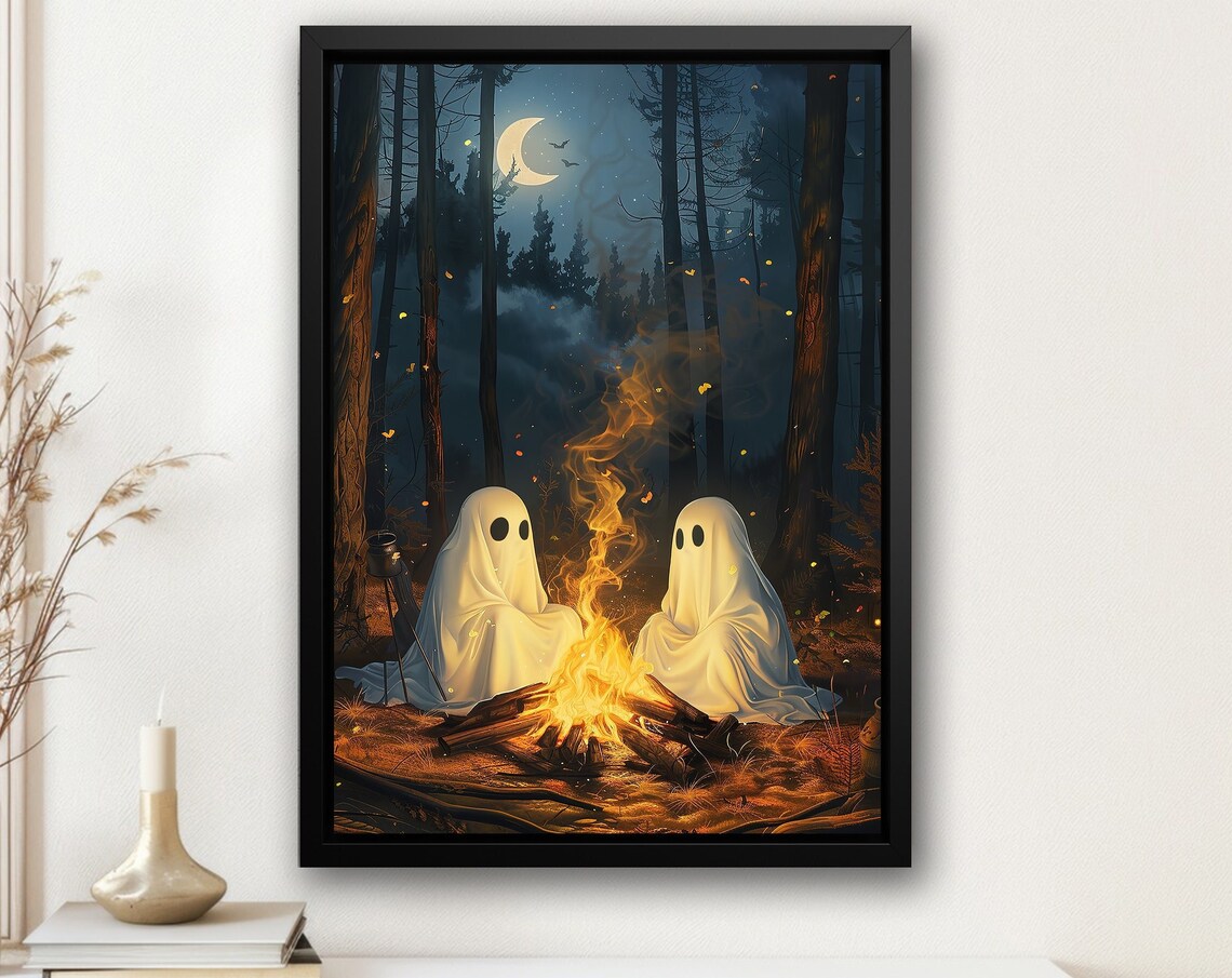 Two Cute Ghosts By Campfire Night Forest Crescent Moon Art Poster