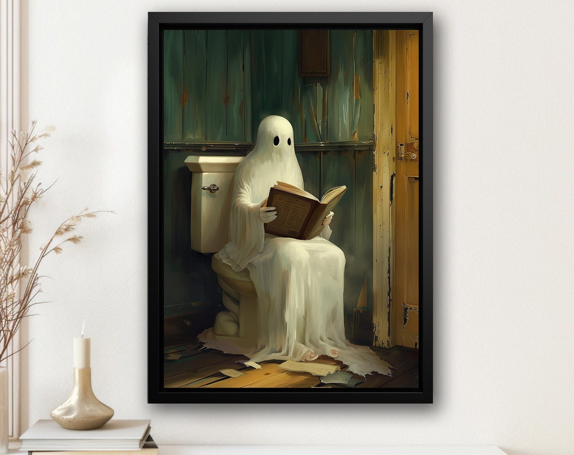 Funny Ghost Reading Book on Toilet Rustic Bathroom Halloween Poster
