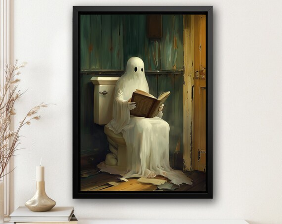 Funny Ghost Reading Book on Toilet Rustic Bathroom Halloween Poster
