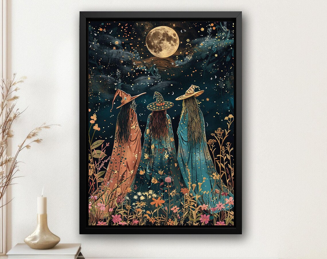 Three Witches Gazing at Full Moon Starry Night Wildflower Field Poster