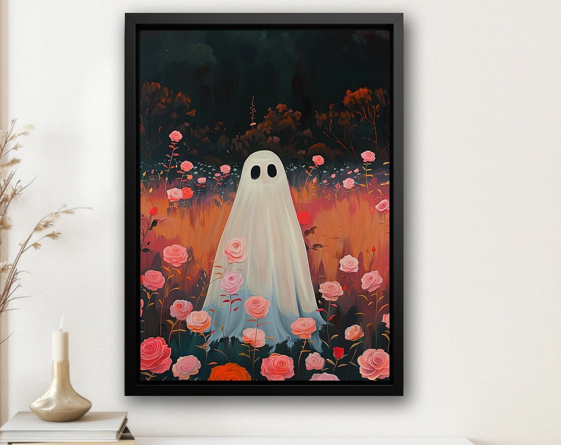 Cute Ghost Standing In Pink Rose Garden At Dusk Floral Art Poster