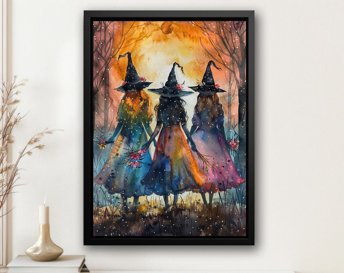 Three Young Witches Walking Into Sunset Colorful Watercolor Poster