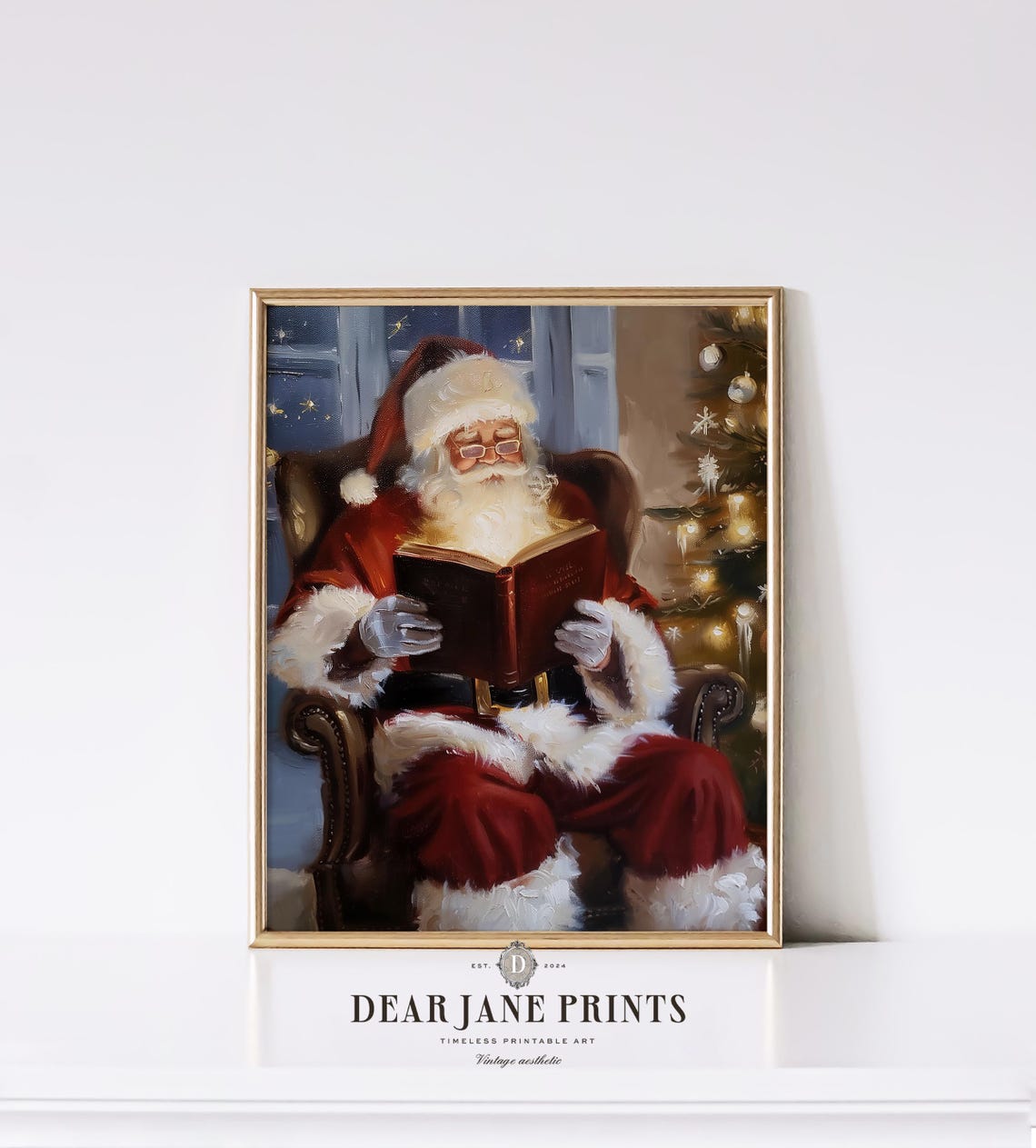 Santa Claus Reading A Glowing Book By The Christmas Tree Poster
