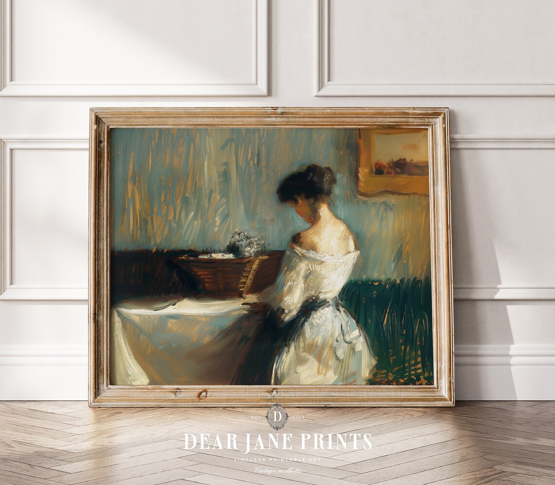 Woman In White Dress With Flower Basket Impressionist Vintage Wall Art - Image 2