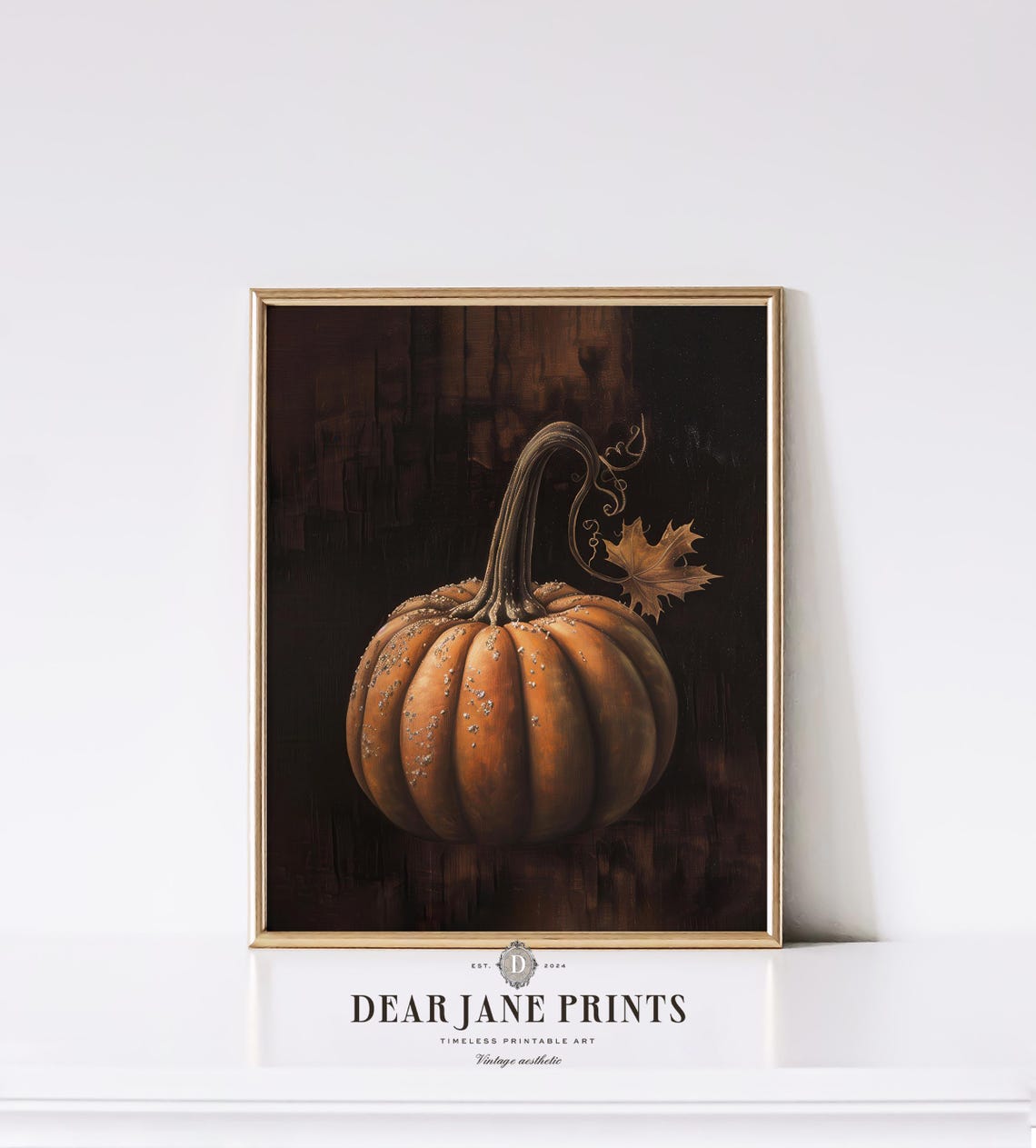 Single Orange Pumpkin on Dark Moody Background Vintage Fall Print - Image 2