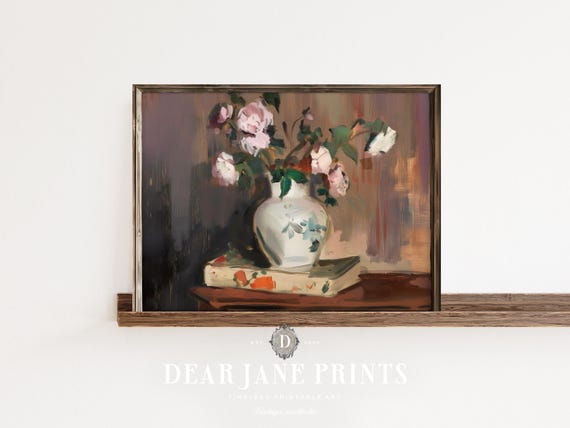 Flowers On Books Painting Still Life Wall Art Library Decor Vintage Print Botanical Academia Office Decor