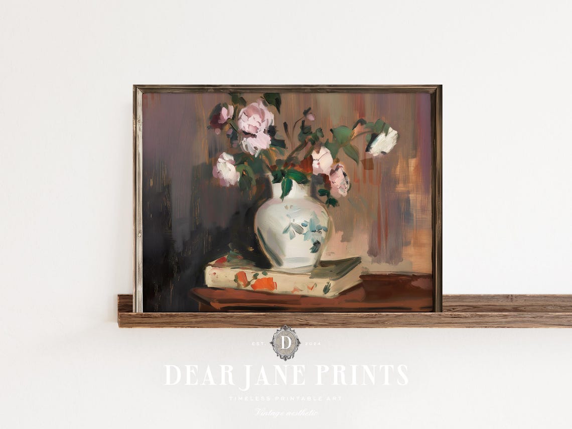 Pink and White Blooms in Vase on Book Dark Vintage Floral Art Poster