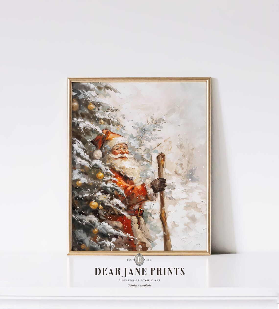 Santa Claus Hiking Through Snowy Forest With Walking Staff Poster