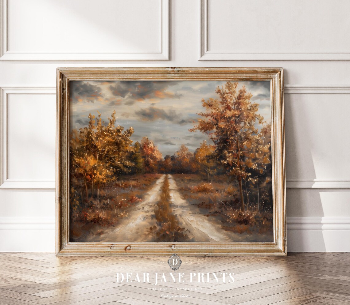 Autumn Country Road Through Golden Fall Forest Vintage Style Poster