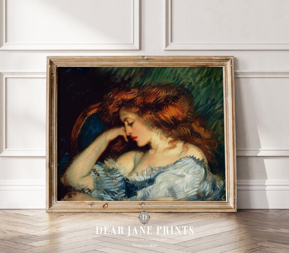 Red Haired Woman in Blue Gown Classic Moody Vintage Oil Portrait Poster