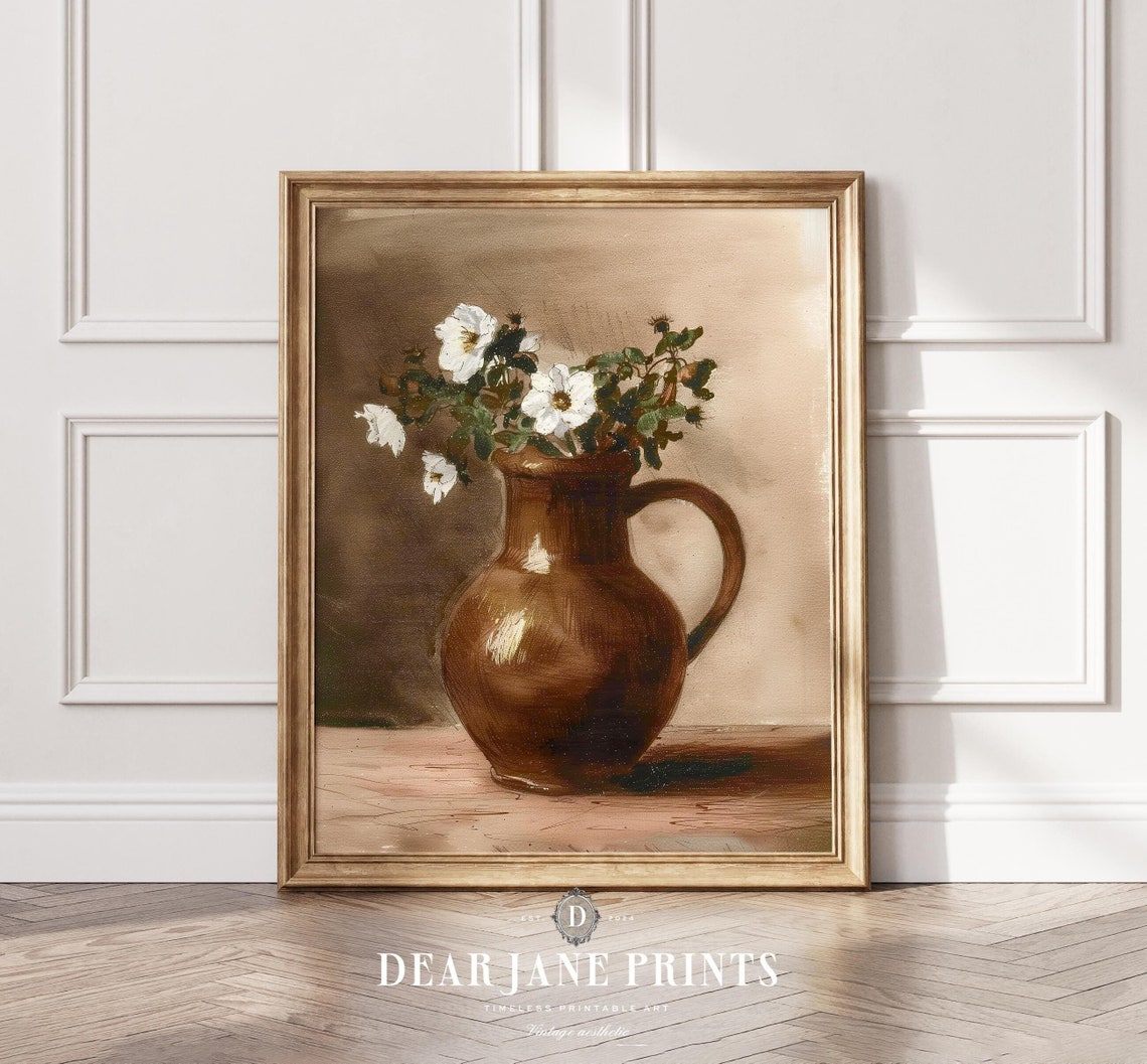 White Wildflowers Brown Stoneware Pitcher Vintage Floral Wall Art