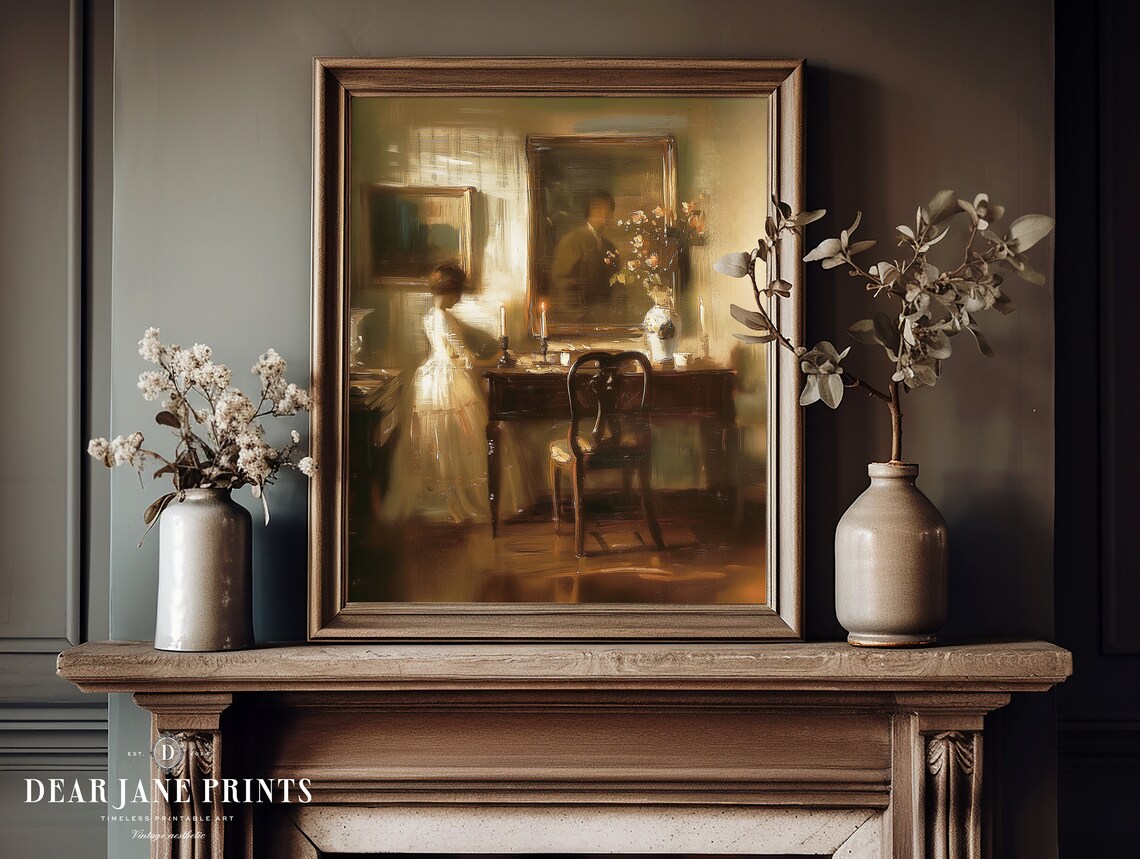 Woman In White Dress Antique Room Interior Vintage Oil Painting Poster - Image 2