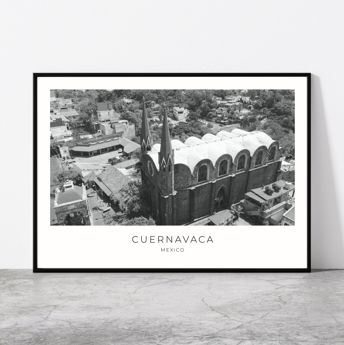 Cuernavaca Mexico Historic Cathedral Aerial Black and White Photo Poster