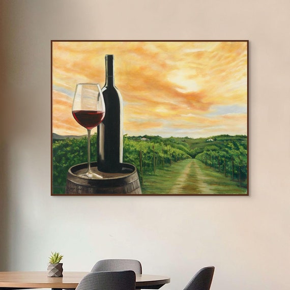 Wine Glass Painting Green Landscape Art Sunset Wall Art Vineyard Artwork Acrylic Painting Art Wine Glass Decor Wine Art Print