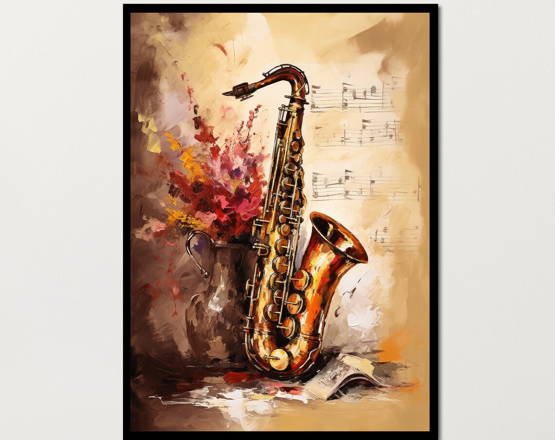 Golden Saxophone Still Life Oil Painting Flowers Sheet Music Poster - Image 7