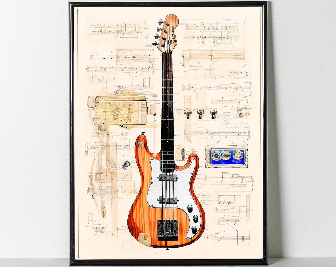Vintage Bass Guitar Poster, Retro Music Decor - Image 3