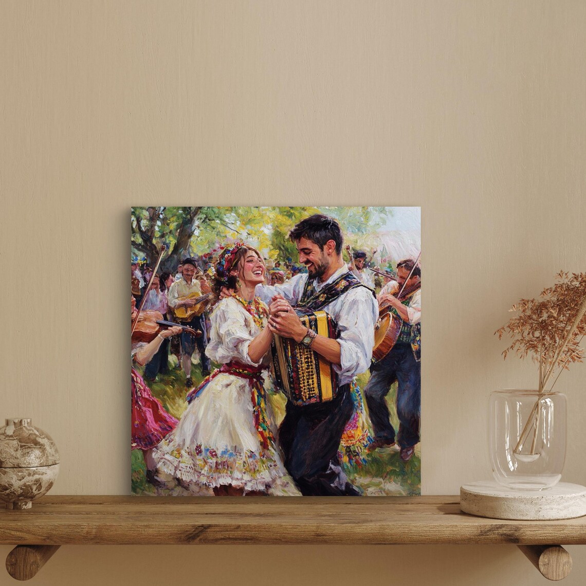 Joyful Folk Dance Couple Embroidered Costumes Festival Art Poster