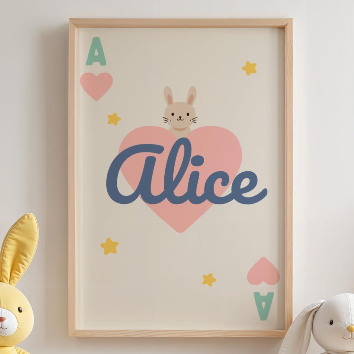 Personalized Bunny Nursery Name Heart Cute Soft Rabbit Wall Art