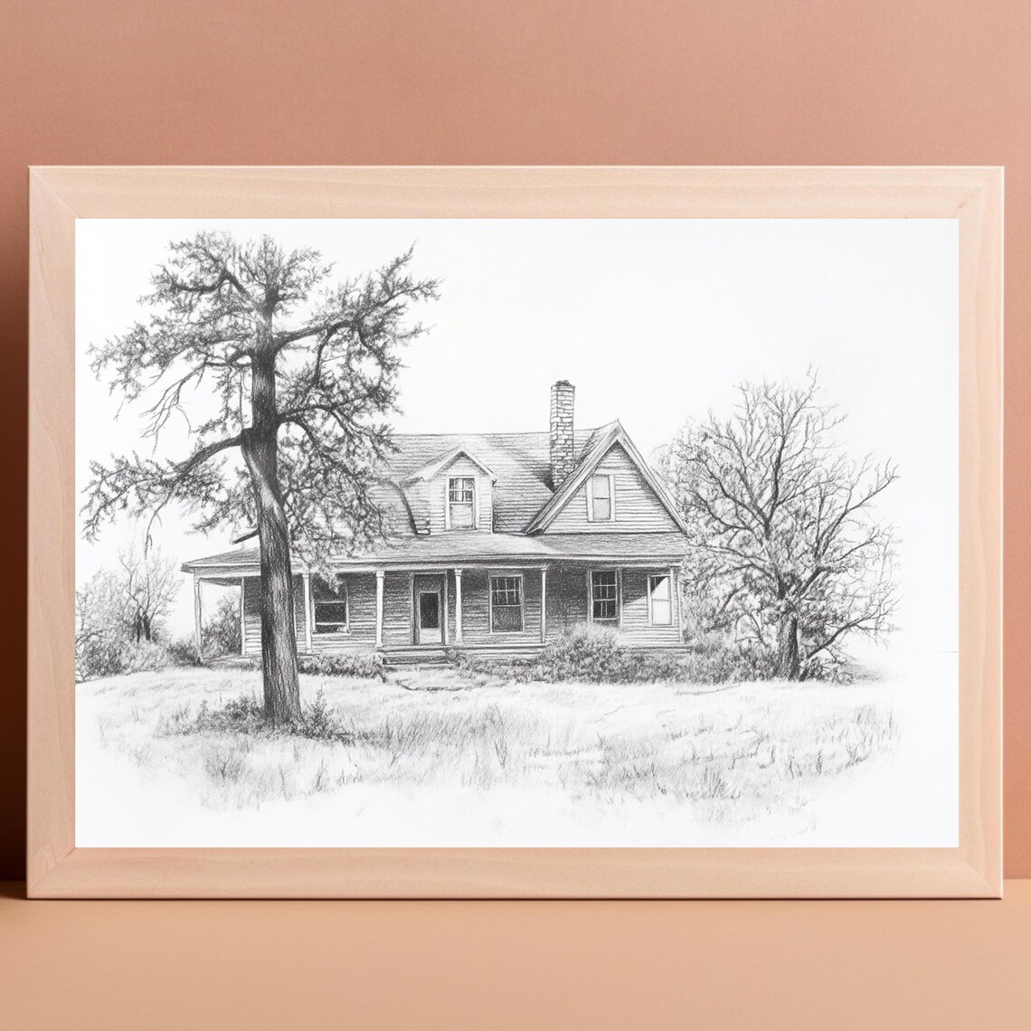 Detailed Pencil Sketch of an Old Farmhouse with Big Porch Poster - Image 3