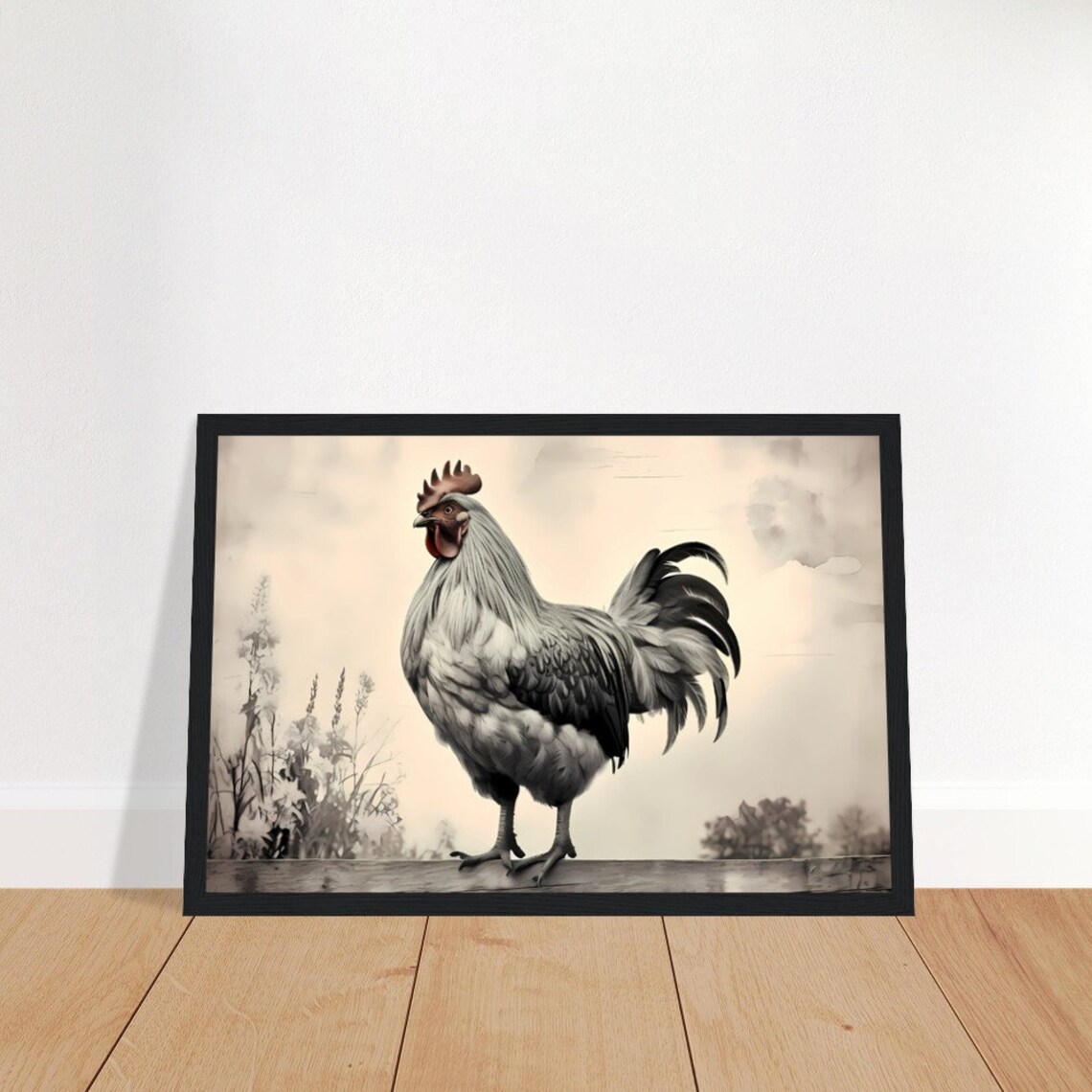 White Rooster Portrait Painting in Soft Neutral Tones Poster
