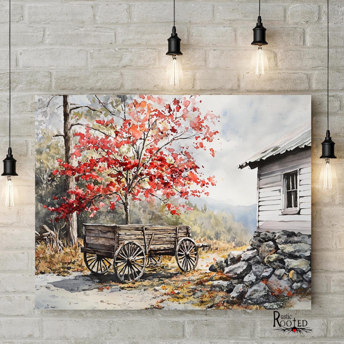 Vintage Country Homestead Painting Red Spring Flowering Tree Rustic Wagon Housewarming Gift Modern Farmhouse Home Decor Framed Print - Image 2