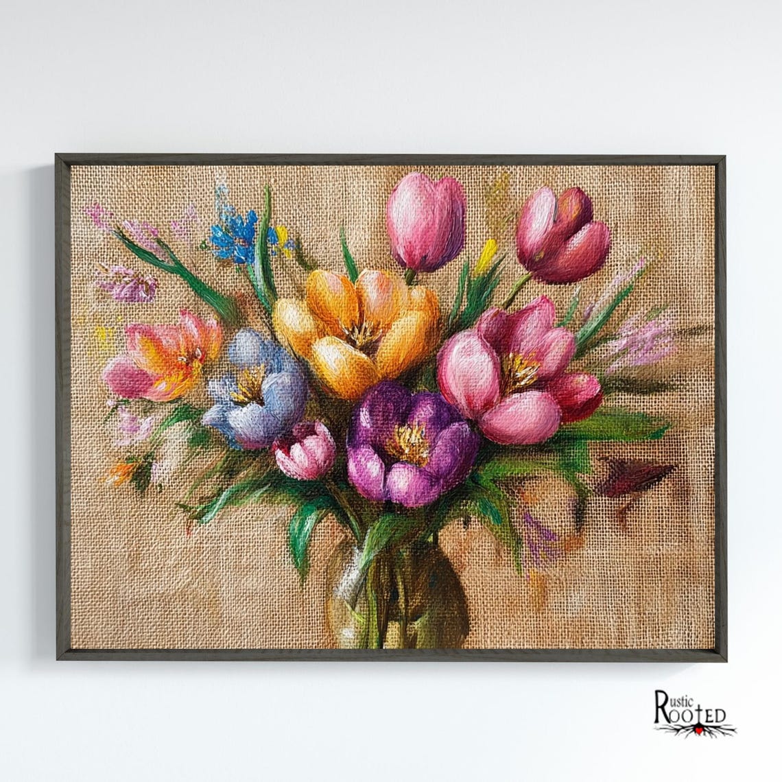 Colorful Spring Flower Bouquet on Burlap Canvas Floral Art Poster - Image 3