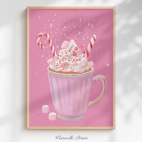Pink Hot Chocolate Mug Candy Cane Marshmallow Cozy Christmas Poster