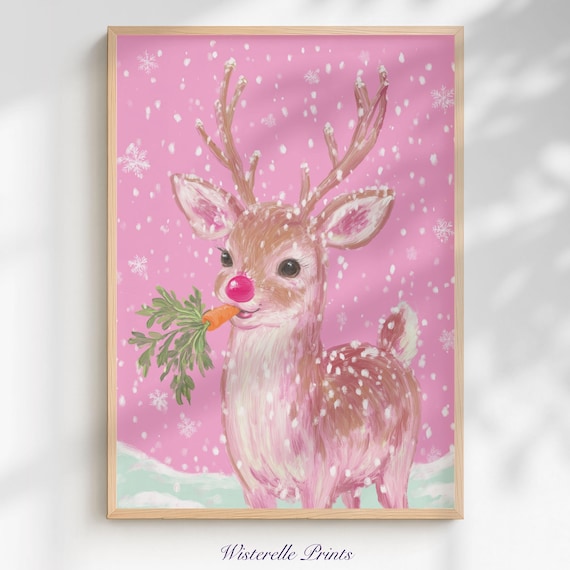 Red Nosed Reindeer Pink Christmas Snow Carrot Cute Holiday Poster