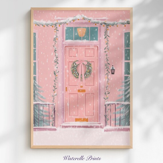 Pink Christmas Front Door Wreath Snowy Holiday Entryway Porch Poster