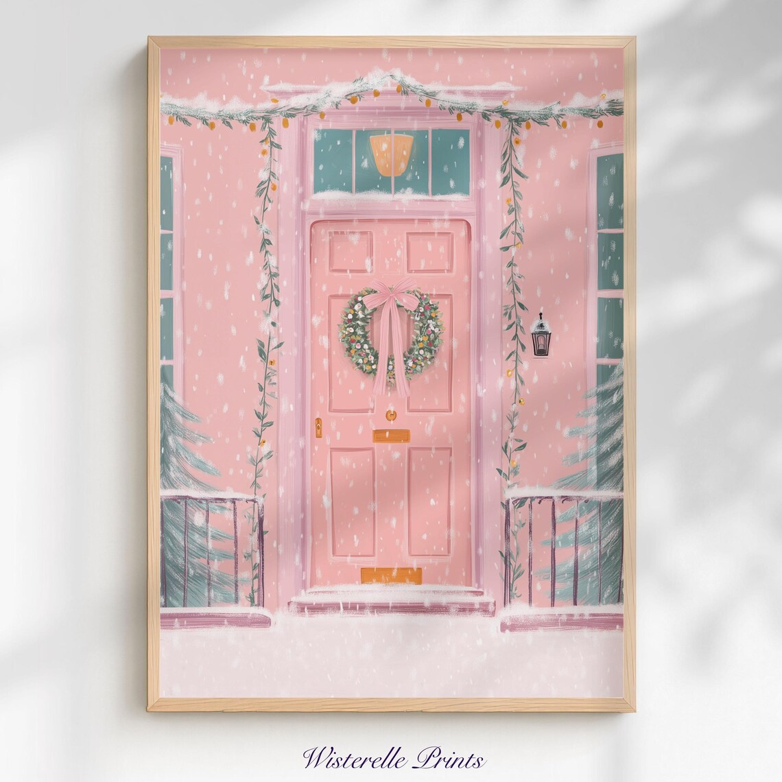 Pink Christmas Front Door Wreath Snowy Holiday Entryway Porch Poster