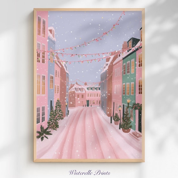 Pink Christmas Street Scene Snowy Pastel Town Festive Lights Poster