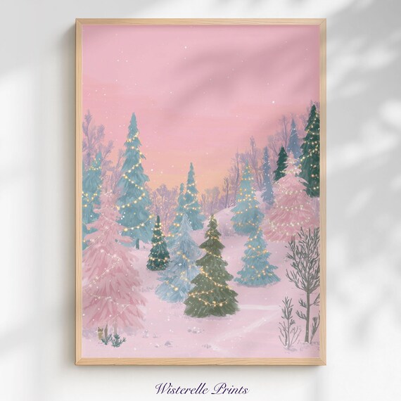 Pink Christmas Tree Farm Twinkling Lights Snowy Forest Poster
